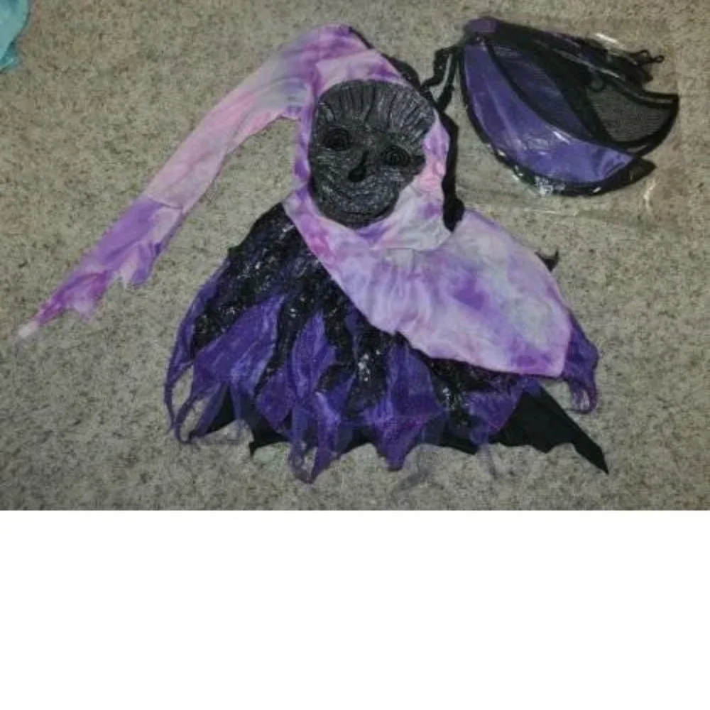 Purple Skull Fairy & Face Gems Halloween Costume 10/12 Dress, Wings 6 Pc Girls